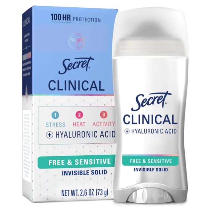 Secret Clinical Free & Sensitive deodorant with Hyaluronic Acid offers 100-hour protection against stress, heat, and activity in an invisible solid format