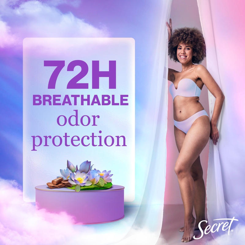 Model showcasing Secret's 72-hour breathable odor protection, emphasizing freshness and confidence with floral elements and a colorful background