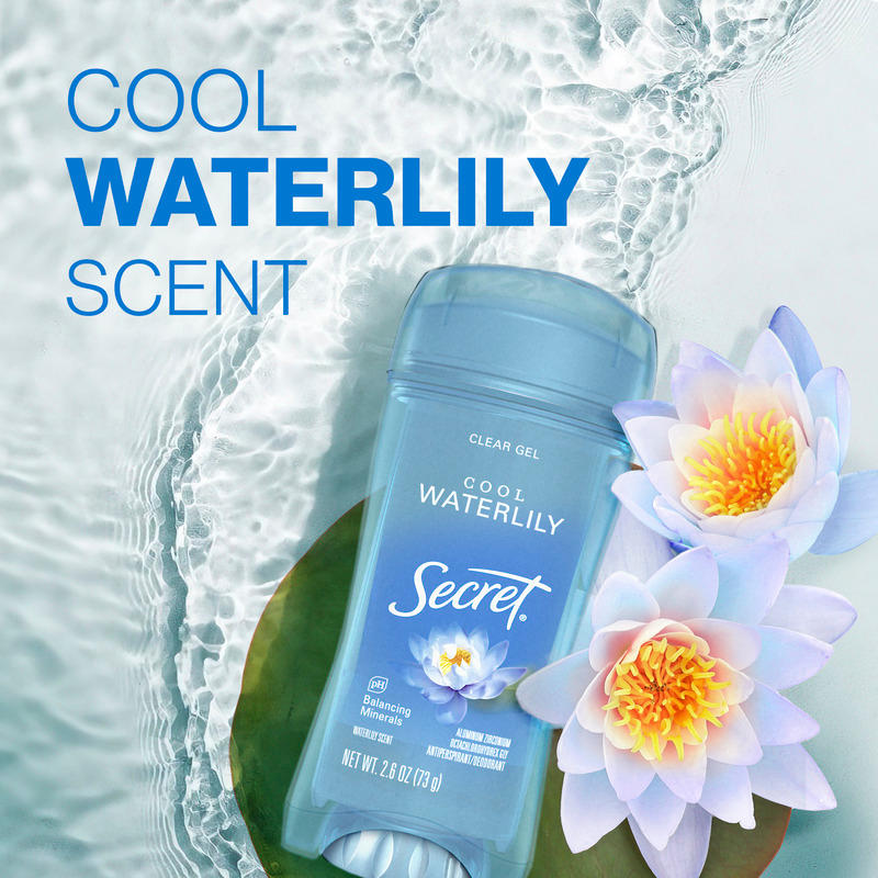Cool waterlily scent. Secret clear gel deodorant by Secret with a cool waterlily scent, surrounded by water and floral elements