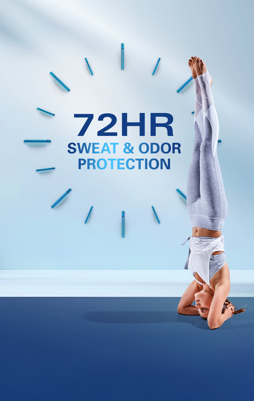 72 Hour Sweat and Odor protection banner displaying a symbolic representation of a clock and a lady in a yoga upside down position