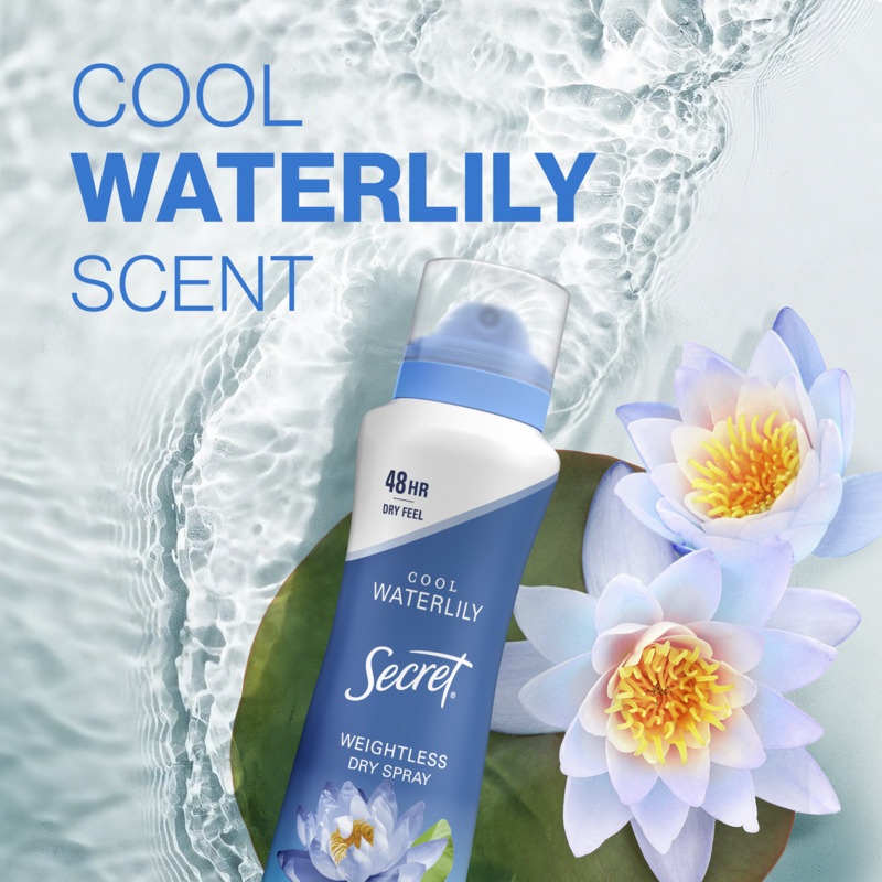 Cool Waterlily scent dry spray by Secret displayed on a lily pad with water lilies, emphasizing a refreshing and weightless fragrance experience