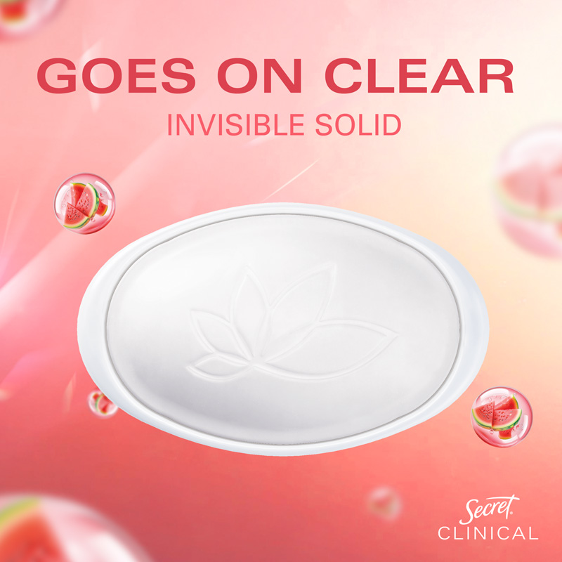 Clear invisible solid deodorant with lotus design on a soft, colorful background featuring watermelon elements