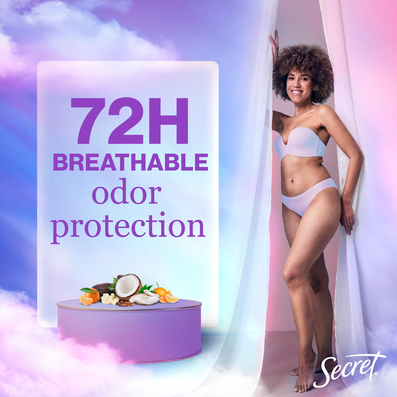Model showcasing Secret's 72-hour breathable odor protection, emphasizing freshness and confidence with coconut elements and a colorful background