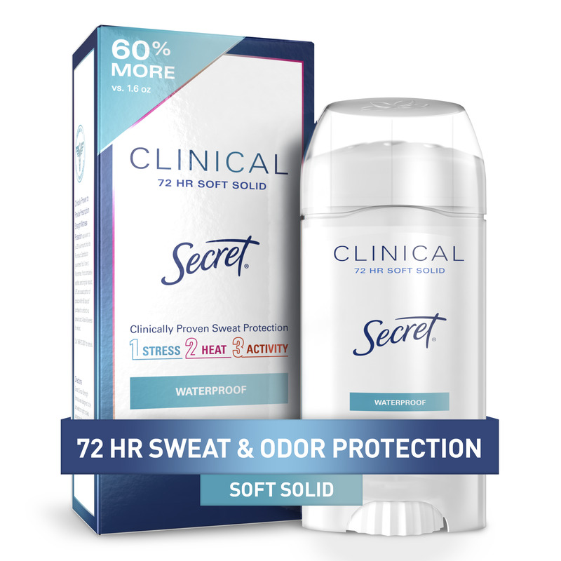 Secret Clinical Soft Solid antiperspirant with 72 hours sweat and odor protection packaging with waterproof formula, 60% more