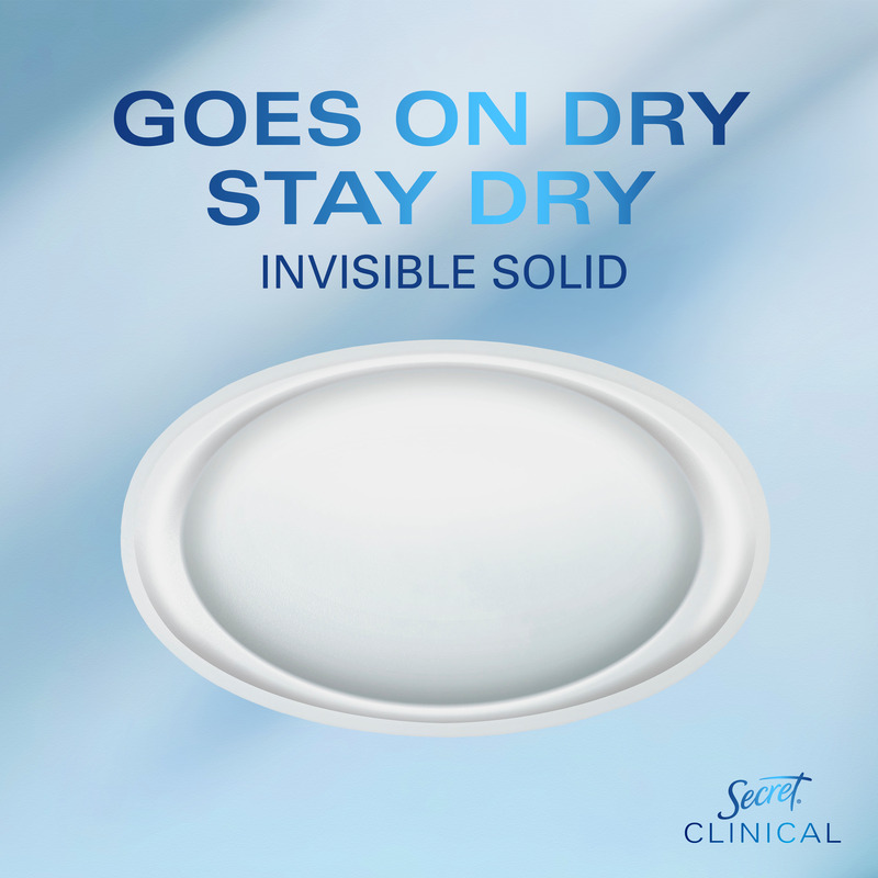 Image of a white, oval container with text emphasizing dry protection from Secret Clinical deodorant. Ideal for all-day freshness