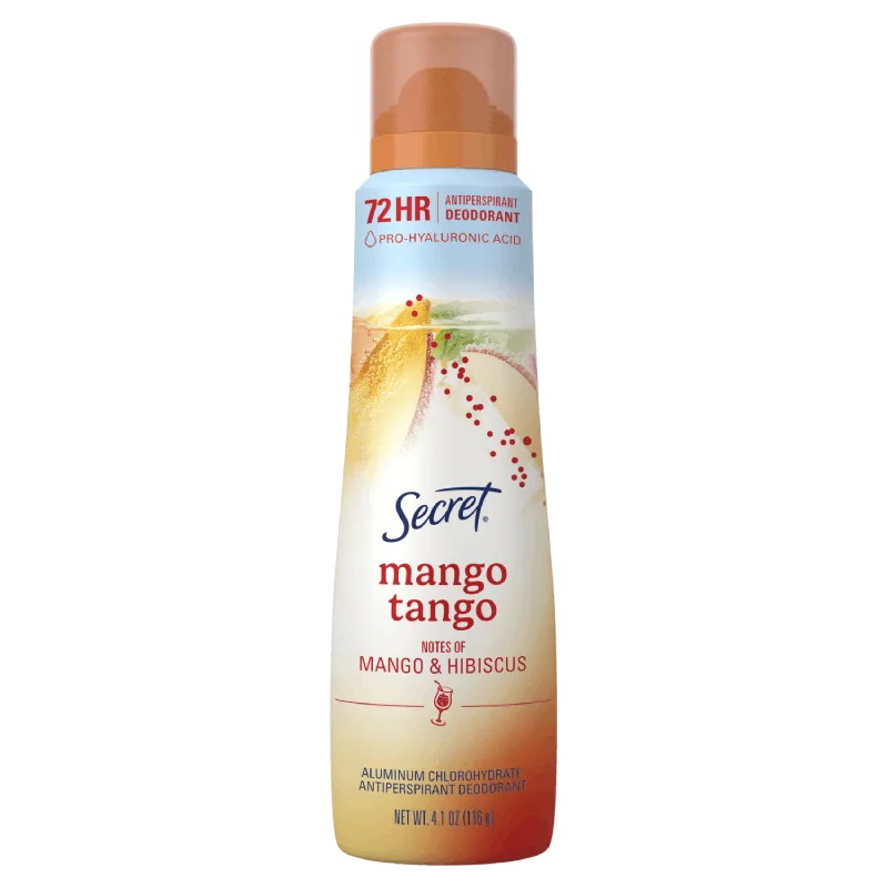 Secret Mango Tango Deodorant with 72-hour protection, featuring notes of mango and hibiscus in a 4.1 oz bottle