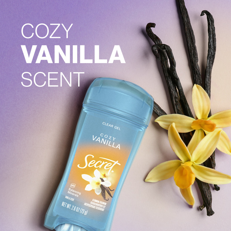 Secret cozy vanilla scented deodorant with a floral design, featuring a clear gel stick beside vanilla pods and flowers on a soft gradient background