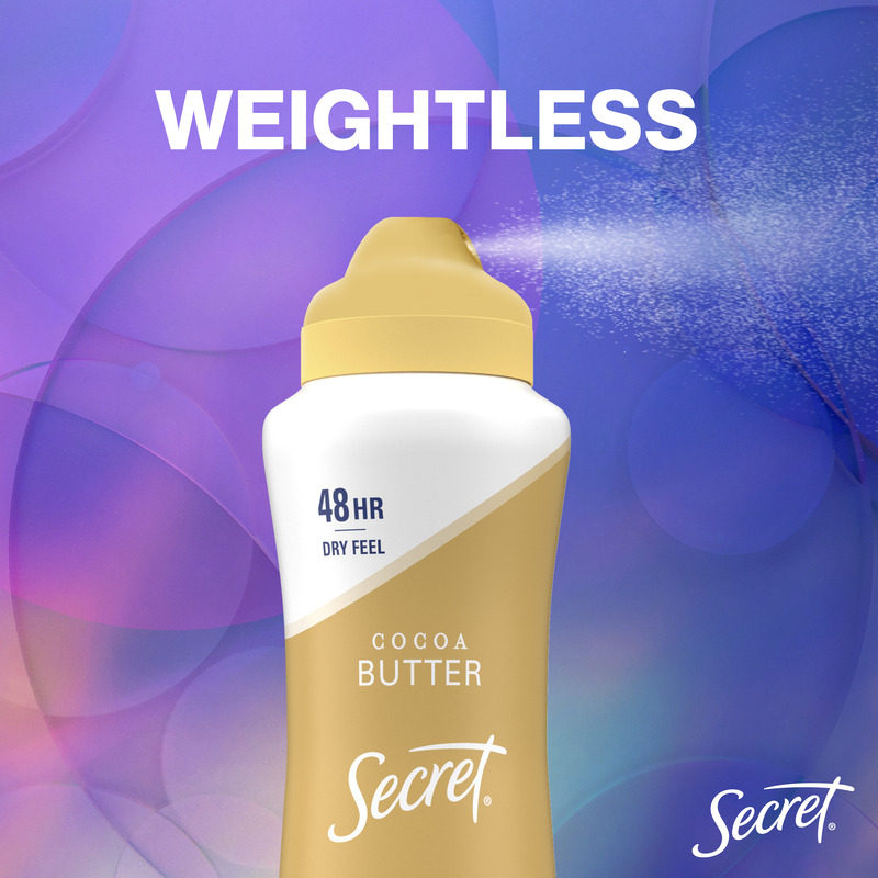 Cocoa butter deodorant by Secret with weightless formula for 48 hours of dry feel against a colorful background. Perfect for daily use