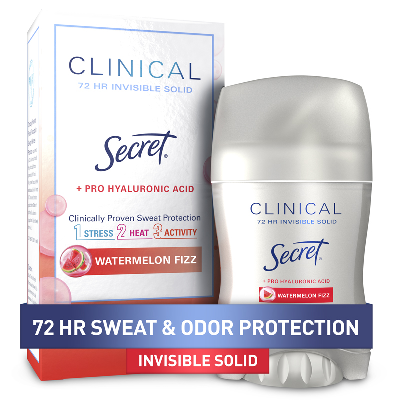 Secret Clinical invisible solid deodorant packaging, 72-hour sweat and odor protection in Watermelon Fizz scent, with pro hyaluronic acid