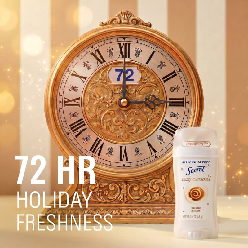 Elegant vintage clock displaying 72 hours of freshness next to Secret cozy caramel deodorant
