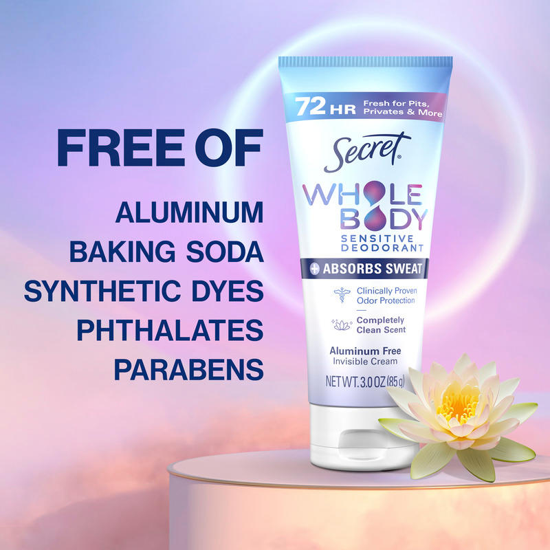 Whole Body Sensitive Deodorant by Secret on a pastel background highlighting its aluminum-free formula and absence of synthetic ingredients and dyes