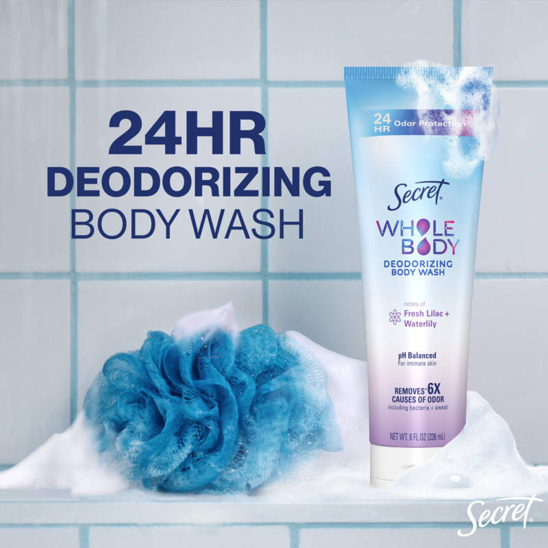 24HR deodorizing body wash by Secret featuring fresh lilac and waterlily notes in a bathroom setting