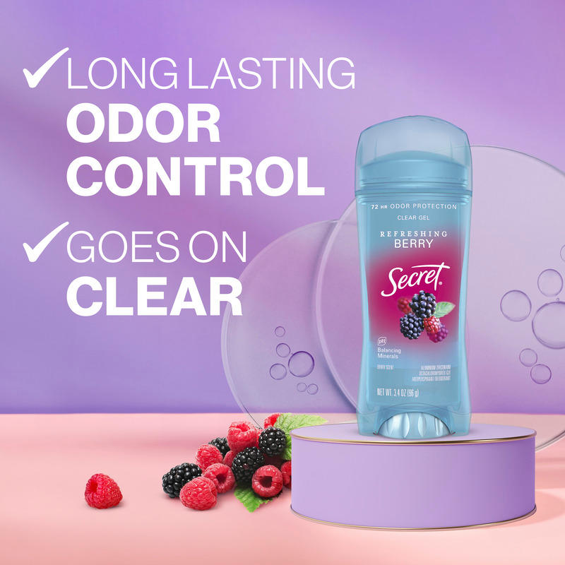 Long lasting odor control, goes on clear. Secret clear gel deodorant in refreshing berry scent with blackberries and raspberries