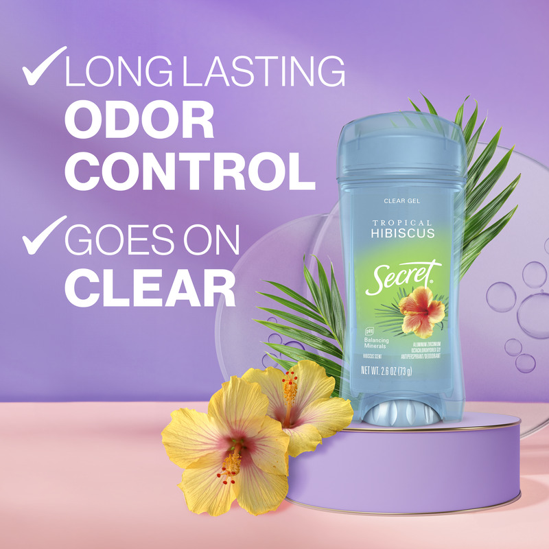 Secret Clear gel deodorant featuring tropical hibiscus scent, promoting long-lasting odor control and a clear application, on a colorful background