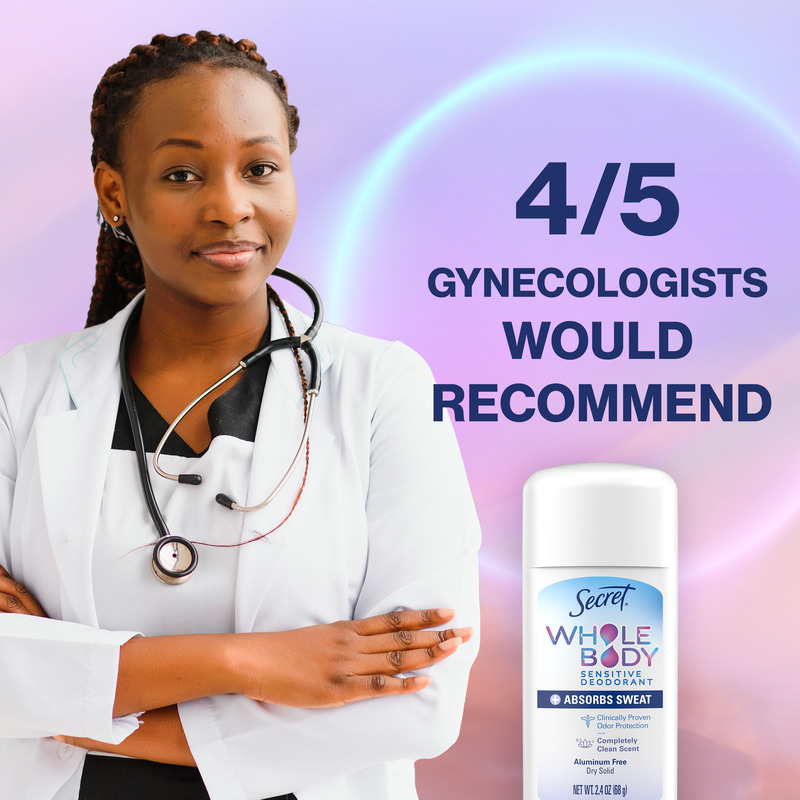 Healthcare professional with stethoscope promoting Secret Whole Body Sensitive Deodorant, endorsed by gynecologists for skin safety