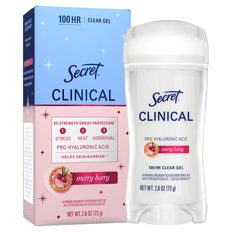 Secret Clinical Antiperspirant and Deodorant in Merry Berry scent with 100-hour clear gel protection