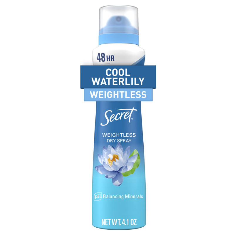 Secret, cool waterlily, weightless, dry spray packaging, 4.1 oZ