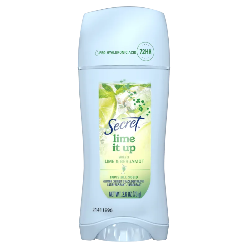 Secret Lime It Up deodorant, 72-hour protection, featuring refreshing notes of lime and bergamot in an invisible solid formula