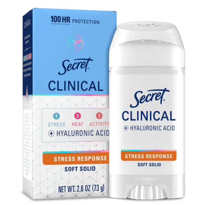 Secret Clinical Stress Response deodorant with hyaluronic acid, offering 100 hours of protection in a soft solid format
