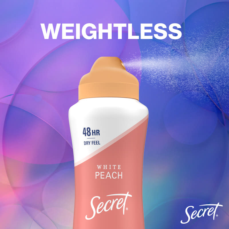 White peach deodorant by Secret with weightless formula for 48 hours of dry feel against a colorful background. Perfect for daily use