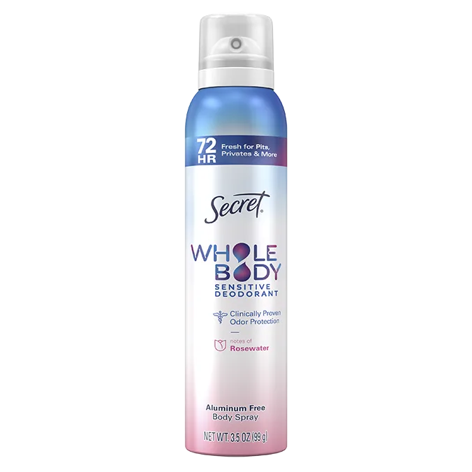 Whole body deodorant, 72 hour freshness, Secret aluminum free body spray, rosewater scent, packaging, 3.5 oZ