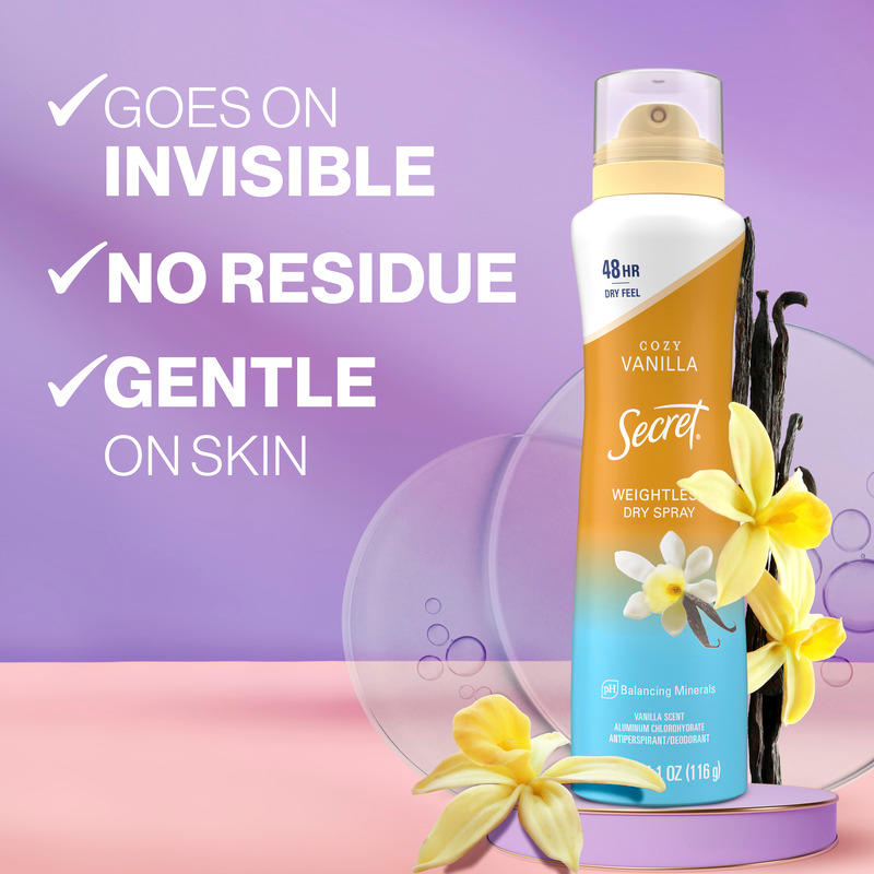 Secret Cozy Vanilla weightless dry spray, displaying berries with text highlighting invisible feel, no residue, and gentle on skin