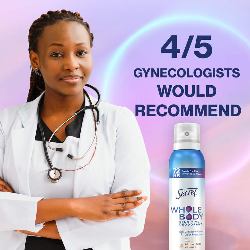 Healthcare professional with stethoscope promoting Secret Whole Body Sensitive Deodorant, endorsed by gynecologists for skin safety