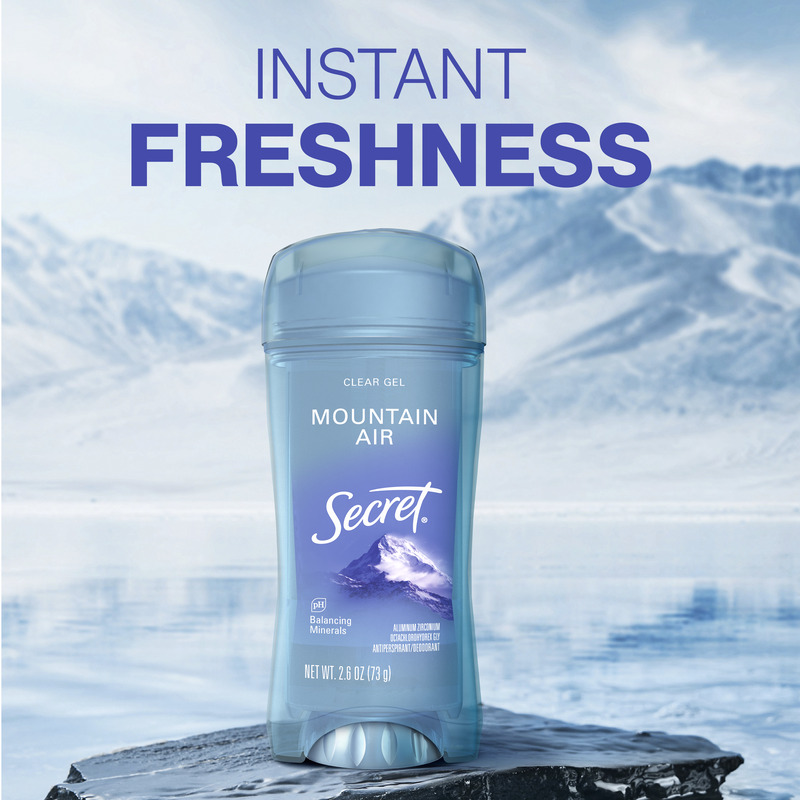 Instant freshness. Secret clear gel deodorant with Mountain Air, set against a serene mountain landscape