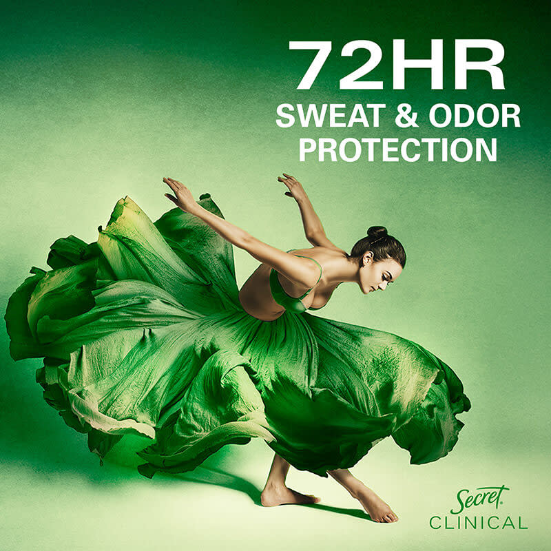 Woman in a flowing green dress strikes a dynamic pose, showcasing vibrant energy with text promoting 72-hour sweat and odor protection