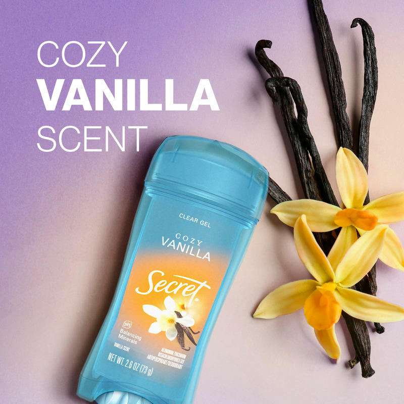 Secret cozy vanilla scented deodorant with a floral design, featuring a clear gel stick beside vanilla pods and flowers on a soft gradient background