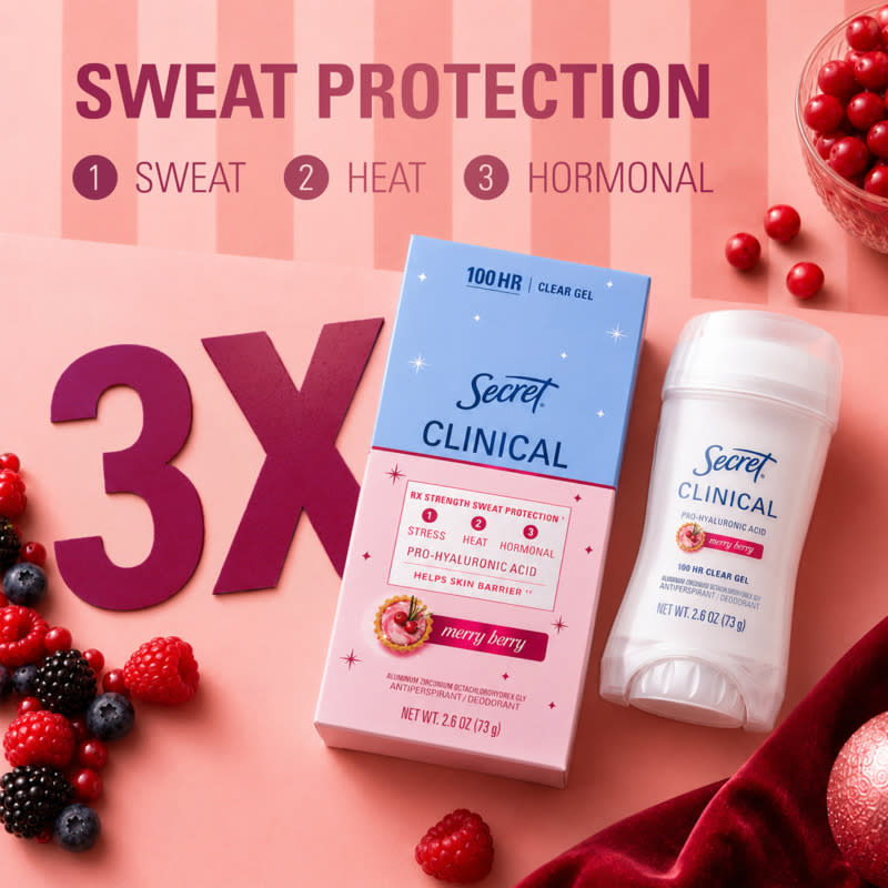 Secret Clinical antiperspirant with merry berry scent showcased alongside colorful berries and bold text on sweat protection