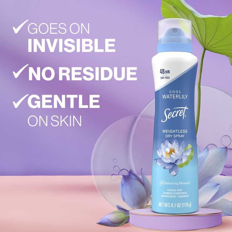 Weightless dry spray deodorant by Secret featuring cool waterlily scent, designed for gentle use, no residue, and invisible application for 48 hours