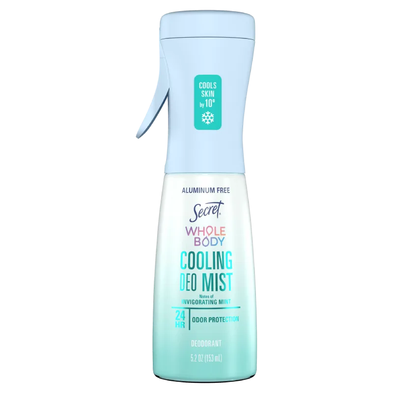 Secret Whole Body Cooling Deo Mist bottle with invigorating mint scent and 24-hour odor protection