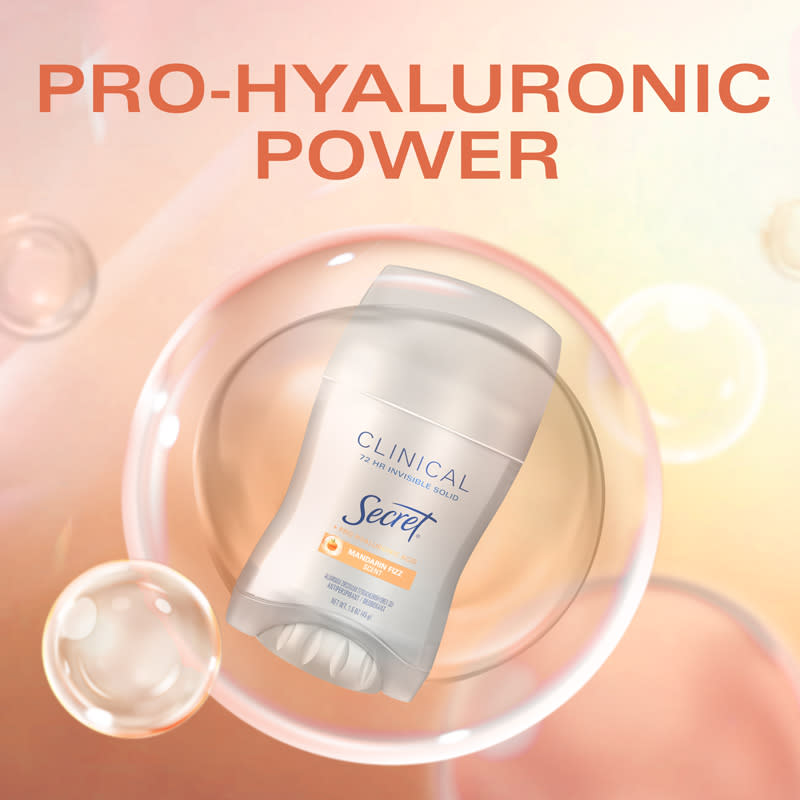 Pro-Hyaluronic Power visual featuring Secret Clinical deodorant in a bubble with a soft orange background
