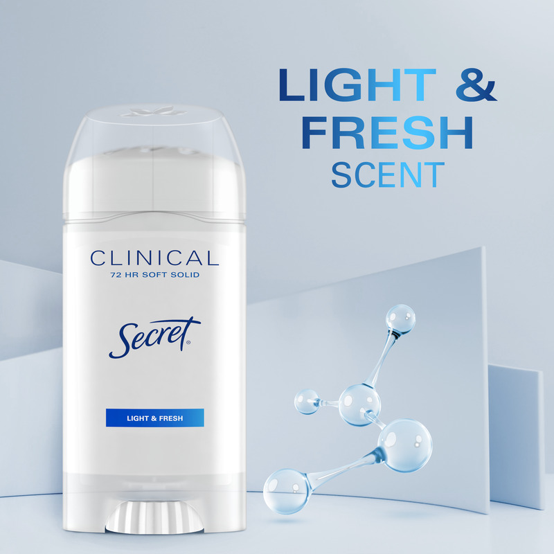 Secret Clinical deodorant stick with a light and fresh scent, featured against a soft blue background with moisture droplets