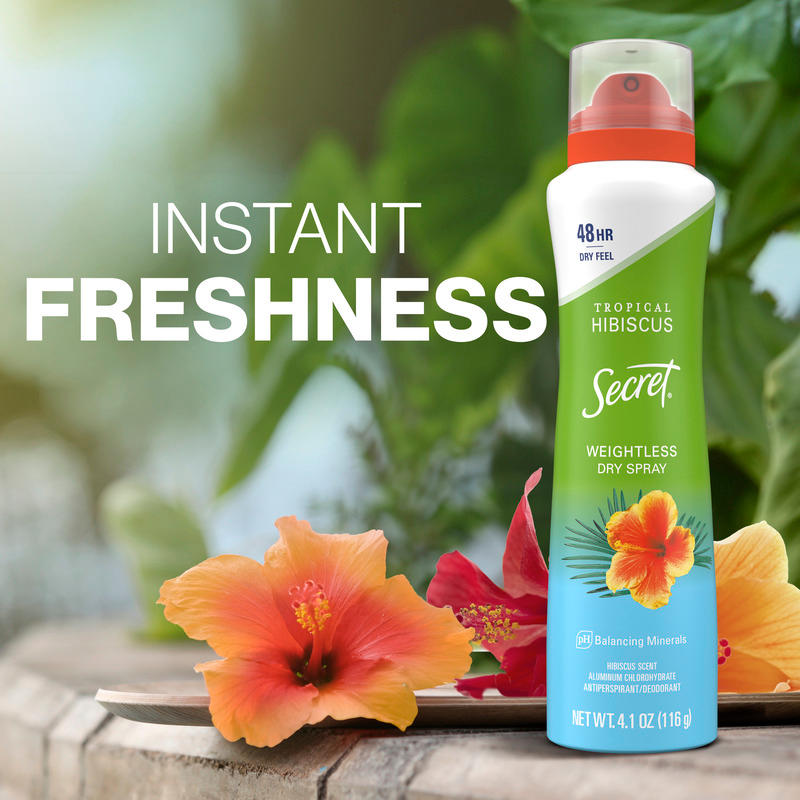 Weightless dry spray by Secret featuring tropical hibiscus flowers, conveying the message of instant freshness for a refreshing scent experience