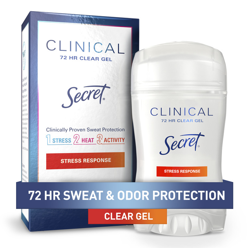 Clear gel Clinical deodorant by Secret that provides 72 hours of sweat and odor protection with a stress response scent for daily freshness