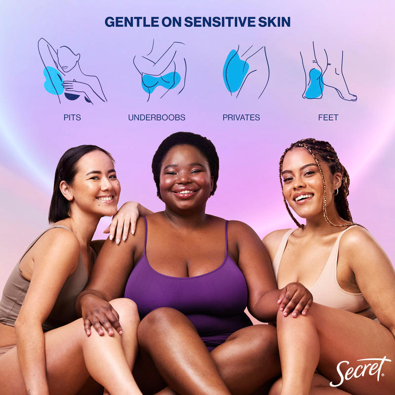 Three diverse women showcasing the Secret brand's gentle products for sensitive skin, featuring areas like pits, underboobs, privates, and feet