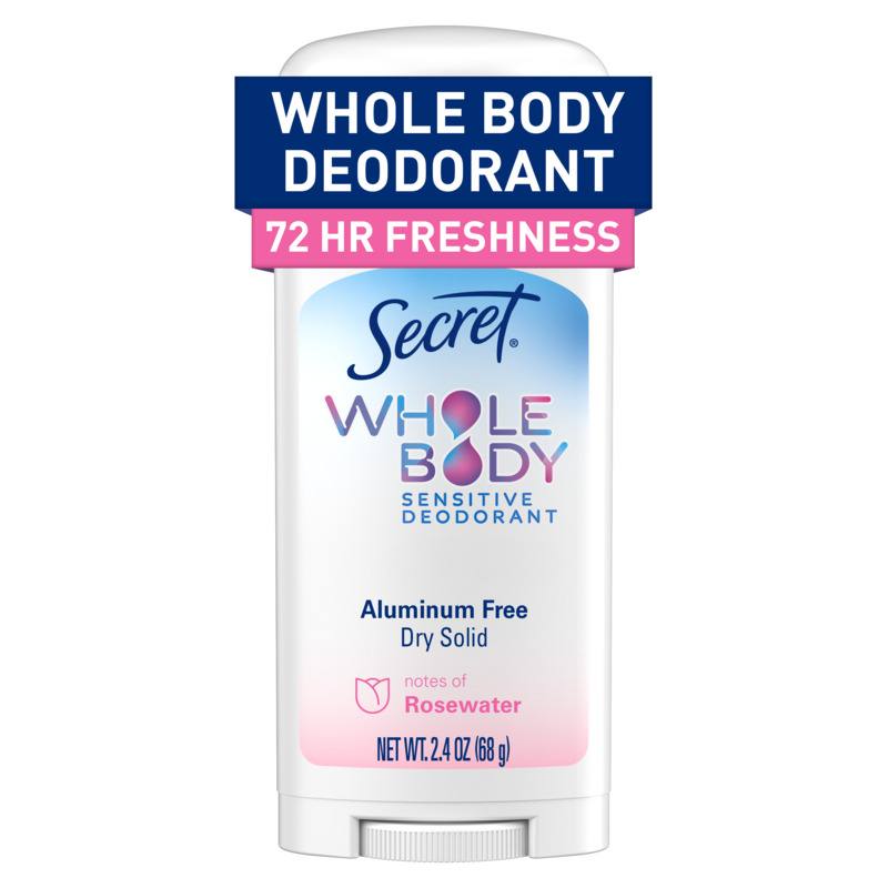 Whole body deodorant, 72 hour freshness, Secret Whole body dry solid, rosewater scent, packaging