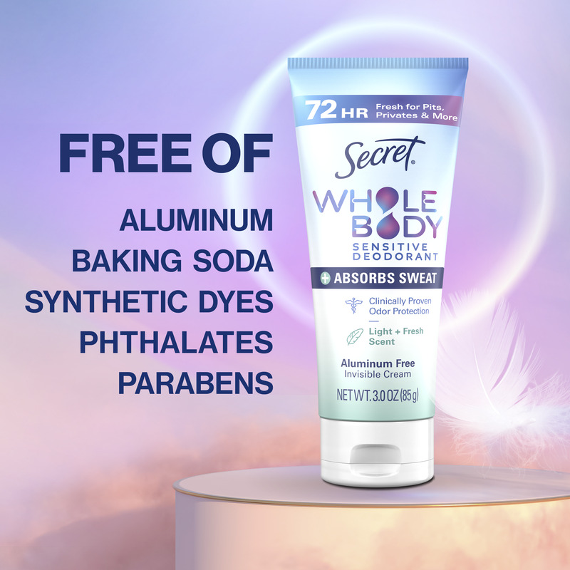 Whole Body Sensitive Deodorant by Secret on a pastel background highlighting its aluminum-free formula and absence of synthetic ingredients and dyes