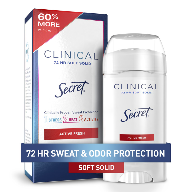 Secret Clinical Soft Solid deodorant with active fresh scent, designed for 72 Hour sweat and odor protection during stress and activity