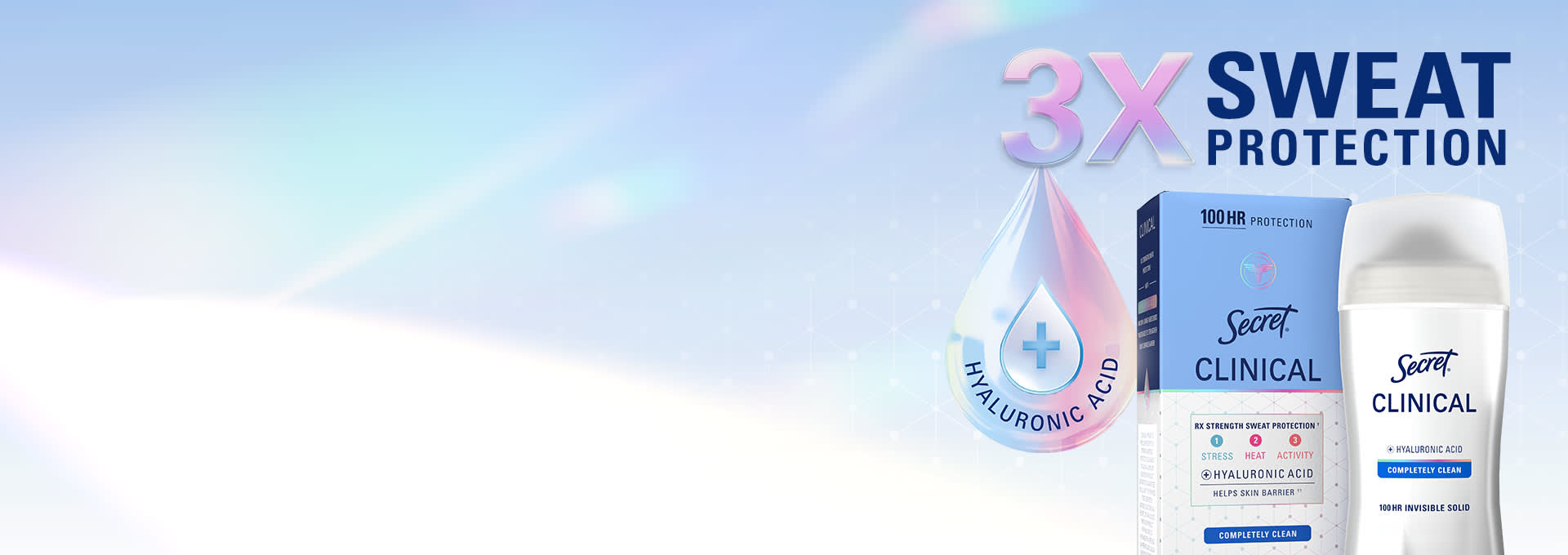 Secret Clinical deodorant packaging with claims of 3X sweat protection and hyaluronic acid for effective odor control and skin care