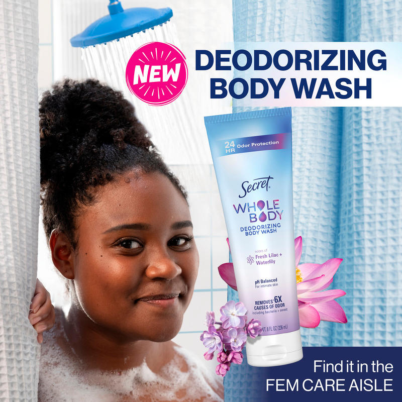 New Secret Whole Body Deodorizing Body Wash with lilac and waterlily scent, featuring a young woman in a shower