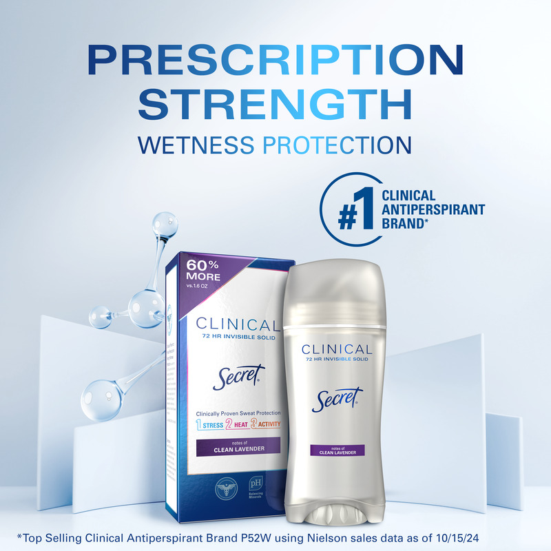 Clinical strength Secret antiperspirant with 72 hour protection in clean lavender scent, promoting sweat control and freshness all day