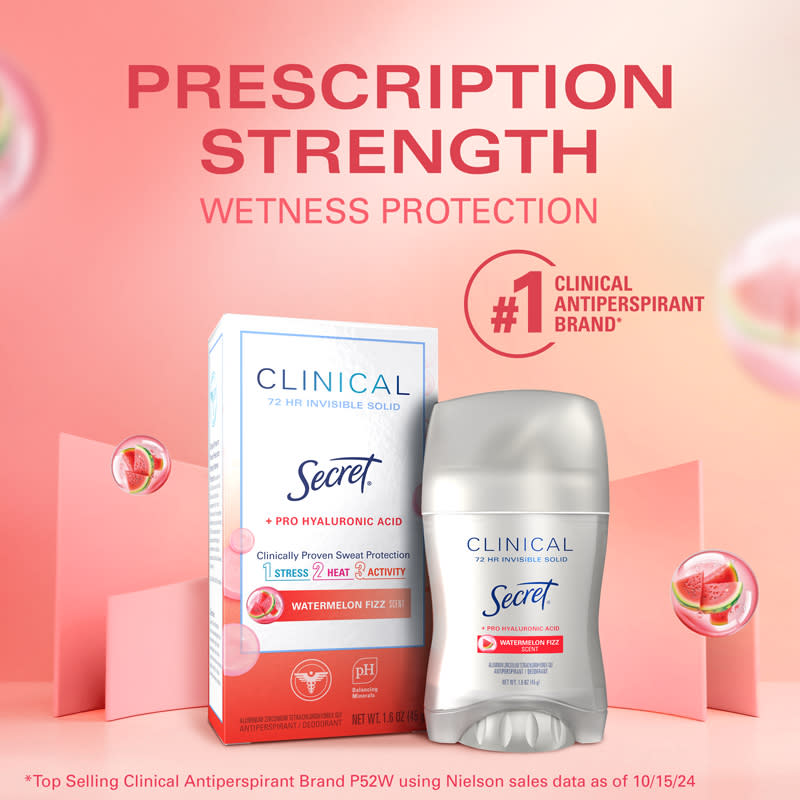 Secret Clinical Strength Antiperspirant featuring Watermelon Fizz scent, providing 72-hour wetness protection and proven sweat defense