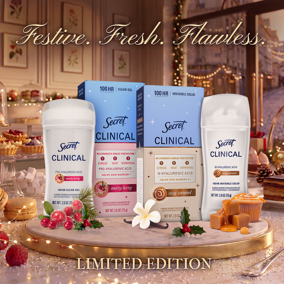 Secret Clinical product lineup featuring clear gel and dry spray antiperspirants for sweat protection and freshness