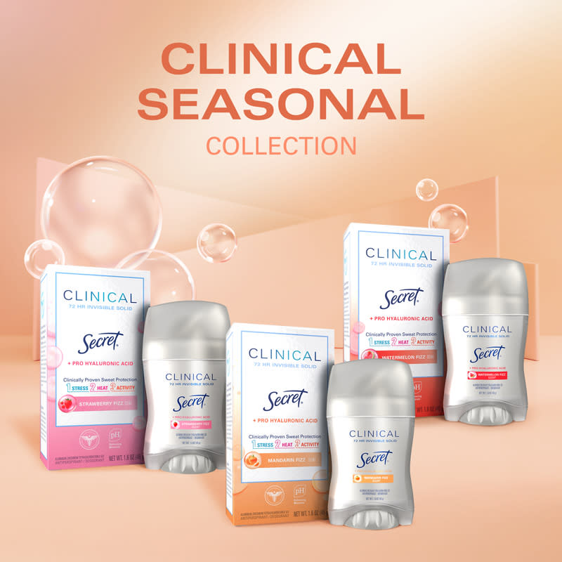 Clinical Seasonal Collection featuring various Secret Clinical deodorants in colorful packaging with bubbles in the background