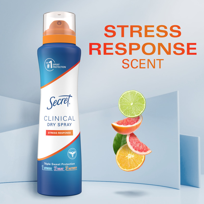 Dry spray deodorant by Secret featuring Stress Response scent with citrus fruits in a refreshing design, ensuring optimal sweat protection