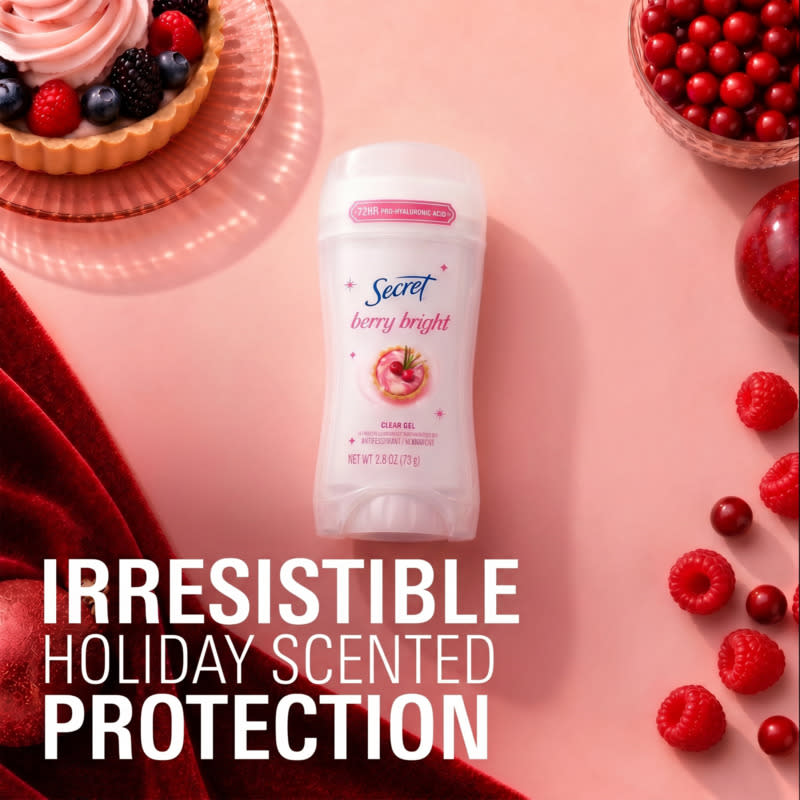 Secret berry bright clear gel deodorant next to festive desserts and berries, highlighting irresistible holiday scent