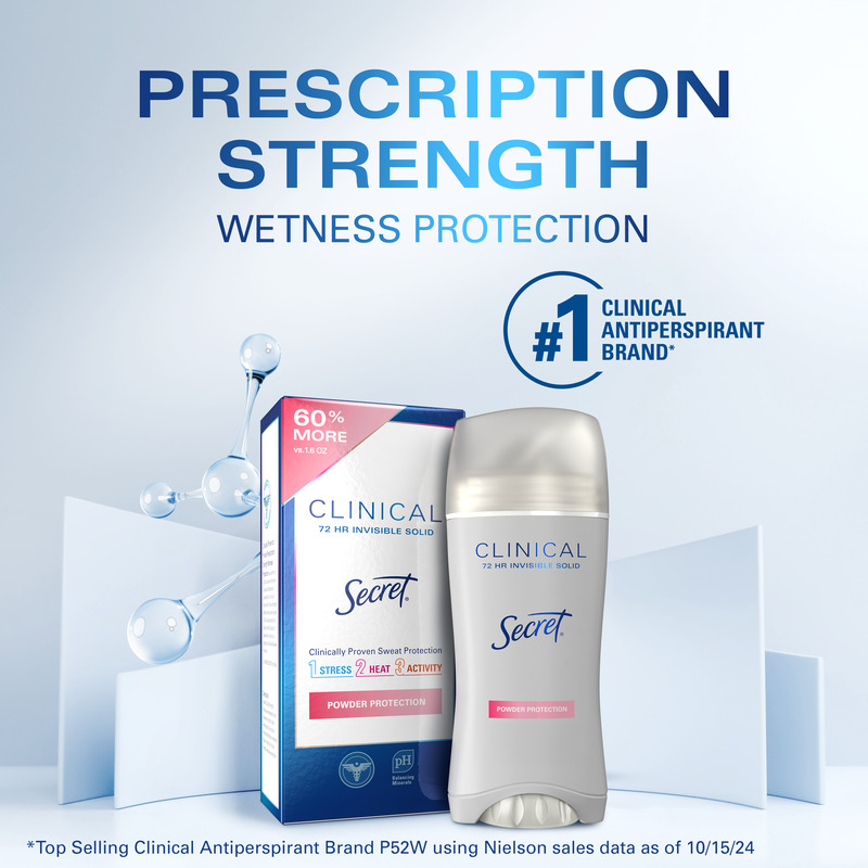 Secret Clinical Strength antiperspirant in a package, promoting 72 hour wetness protection and advertised as the number one clinical brand